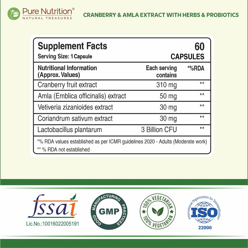 Cranberry Capsules | (Cranberry & Amla Extract With Herbs And Probiotics) – 550mg – For Boosting Immune System And Strengthening Urological Health – Supports UTI Prevention & Promotes Antioxidant Health – Pure Nutrition – 60 Capsules