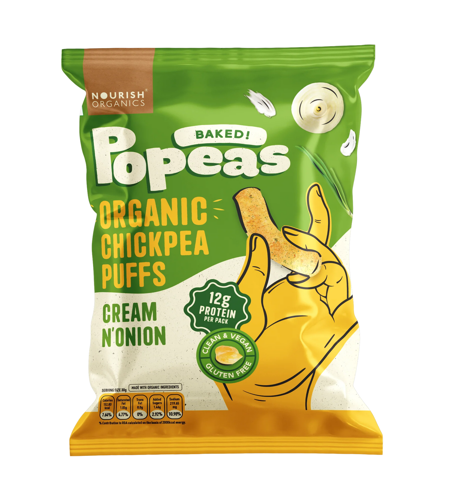 Chickpeas Puffs | Popeas (Cream & Onion) - Baked - 12gm Protein Per Pack - Organic – Vegan & Gluten Free – Nourish Organics – 60gm