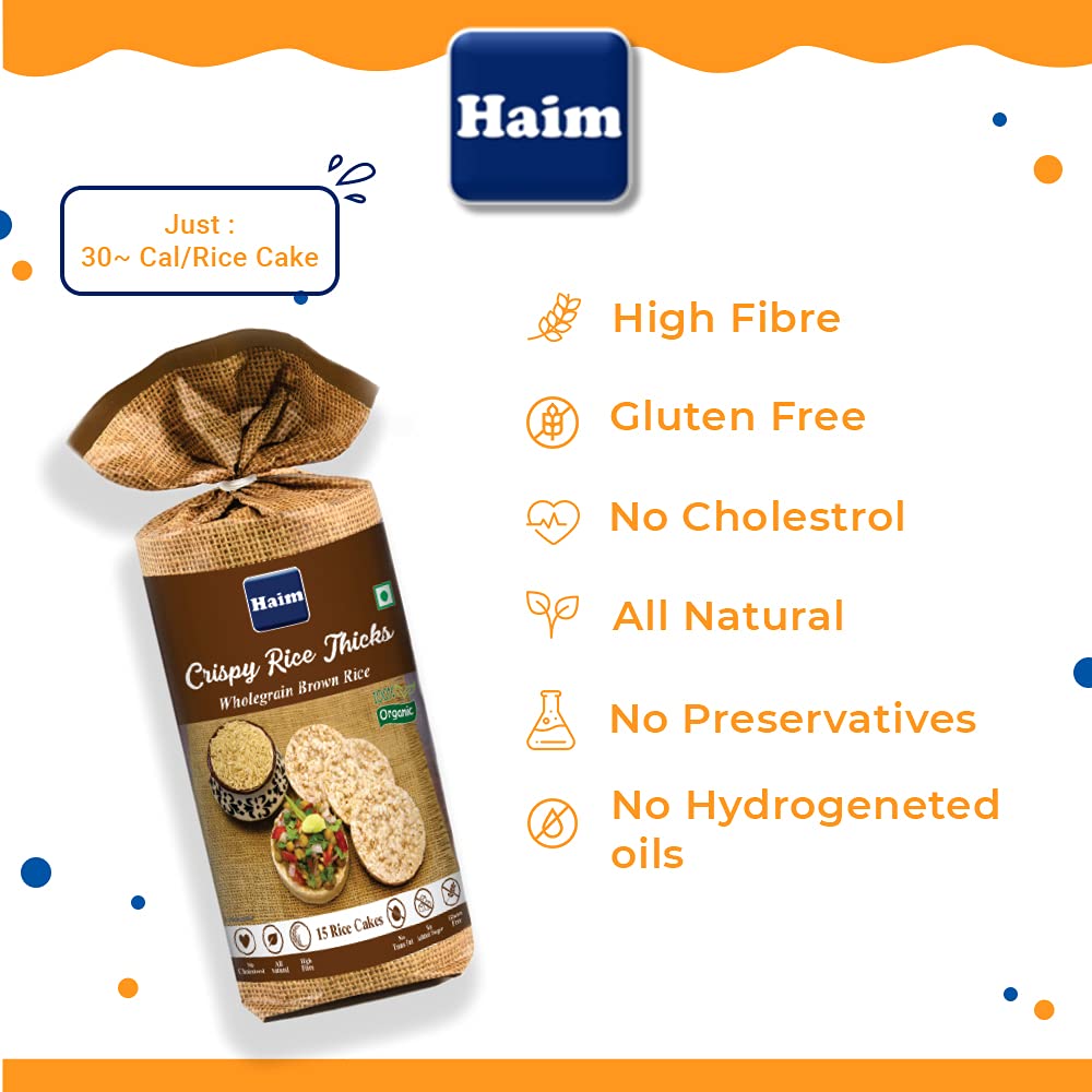 Rice Cake | Crispy Rice Thicks - Wholegrain Brown Rice Cakes - USDA Organic - No Trans Fat & No Added Sugar - Haim - 136gm
