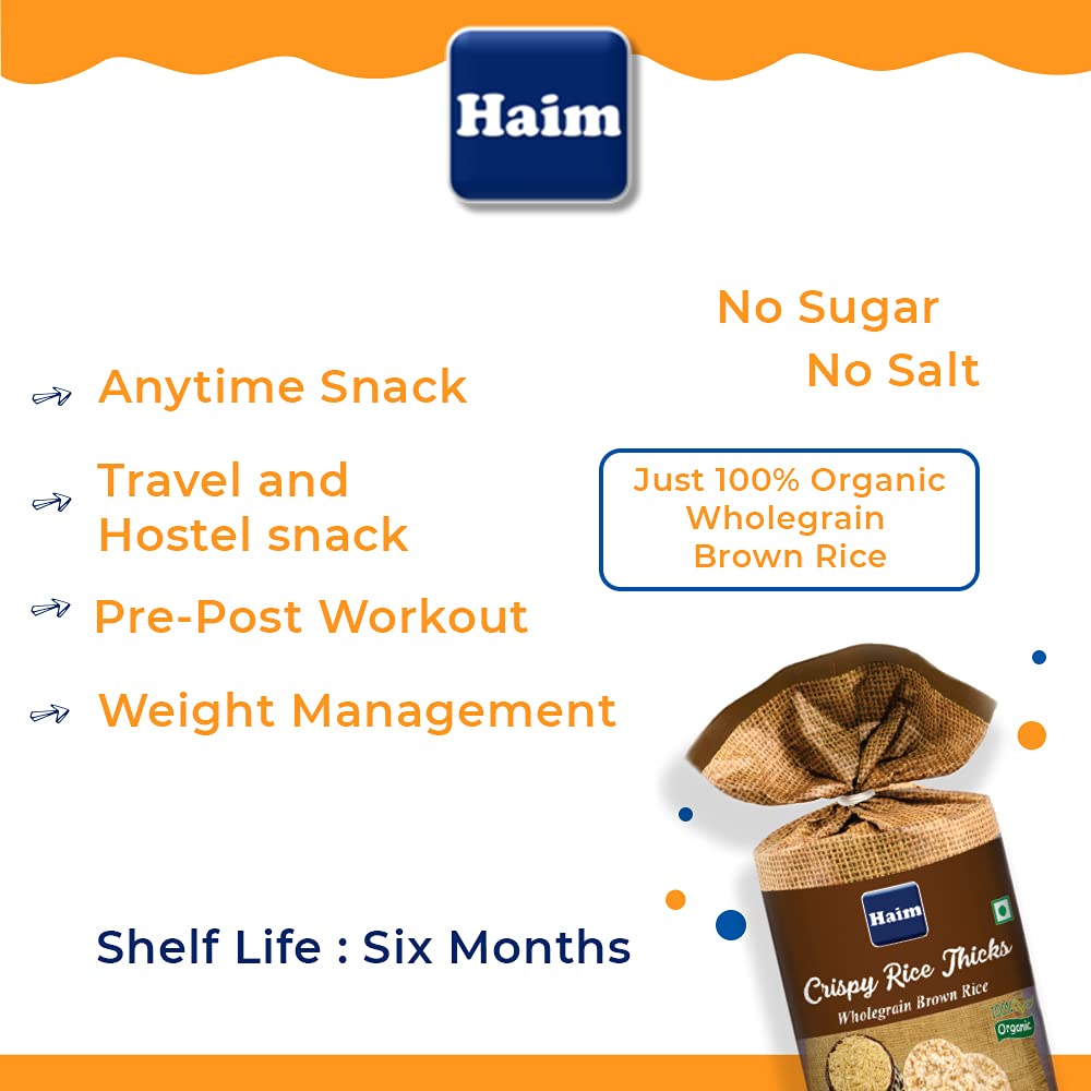 Rice Cake | Crispy Rice Thicks - Wholegrain Brown Rice Cakes - USDA Organic - No Trans Fat & No Added Sugar - Haim - 136gm