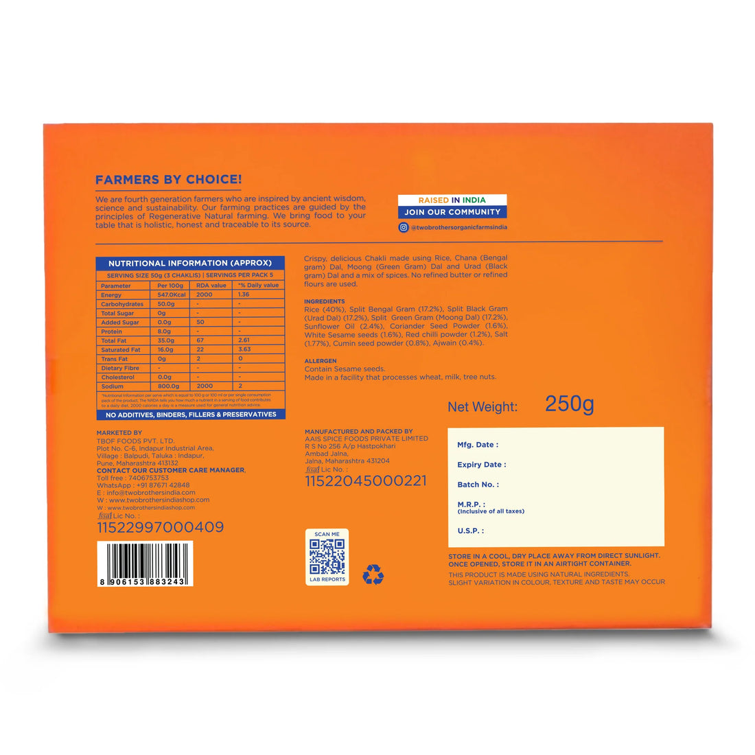 Crispy Chakli | Traditional – Murukku (Deep Fried In Woodpressed Sun Sunflower Oil) – No Refined Butter & No Refined Flours – Two Brothers – 250gm