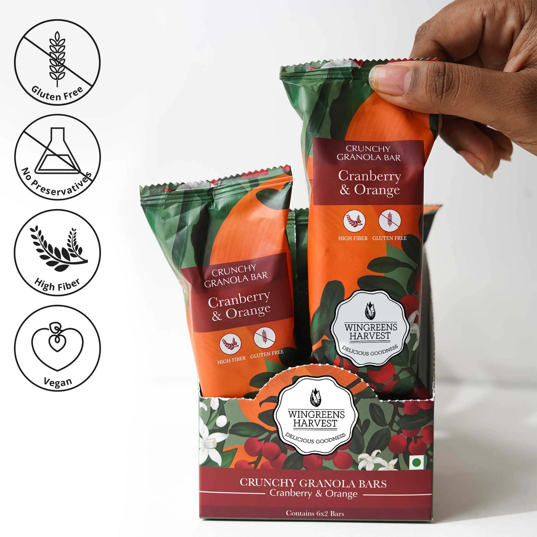 Crunchy Millet Granola Bars - Cranberry & Orange – Vegan & Gluten Free - Wingreens Harvest - 40gm x 6