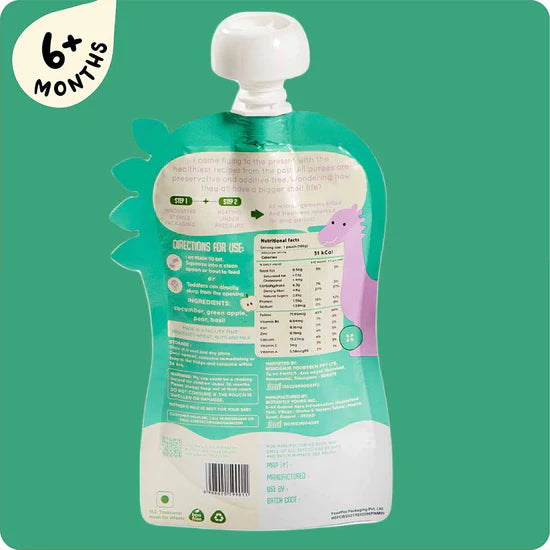 Cucumber Basil Puree | Cucumber, Green Apple, Pear And Basil (17 Micronutrient For Infants) - No Added Salt & No Added Sugar - rorosaur - 100gm