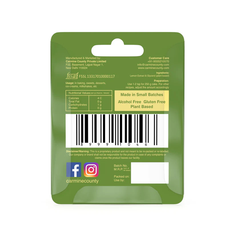 Culinary Lemon Extract | All Natural – Vegan, Gluten Free, Alcohol Free, No added Sugar & No Artificial Ingredients – Carmine County – 10ml