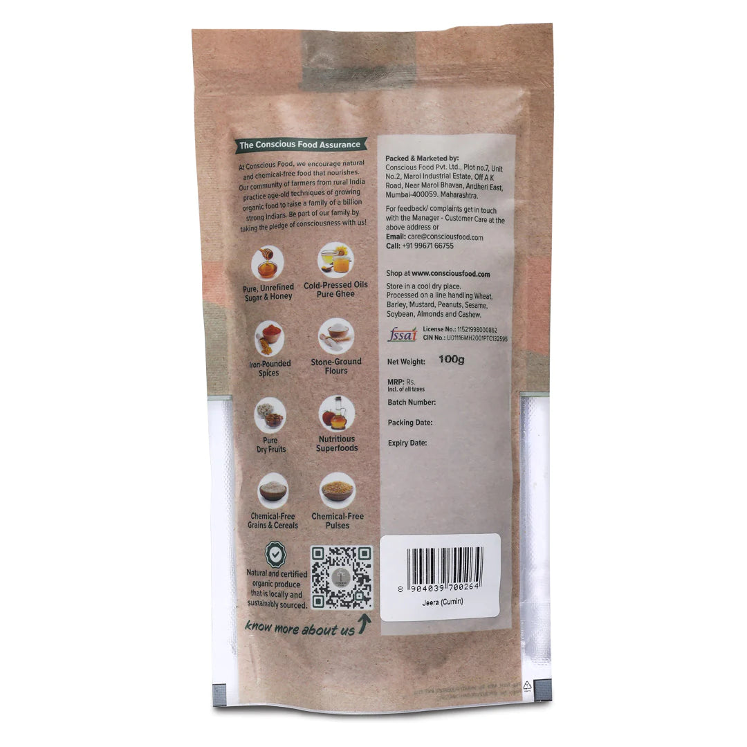 Cumin Seeds | (Jeera) – Organic – Iron Rich, Chemical Free & Non GMO - Conscious Food – 100gm