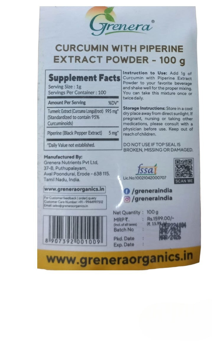 Curcumin | With Piperine Extract Powder - Grenera - 100gm