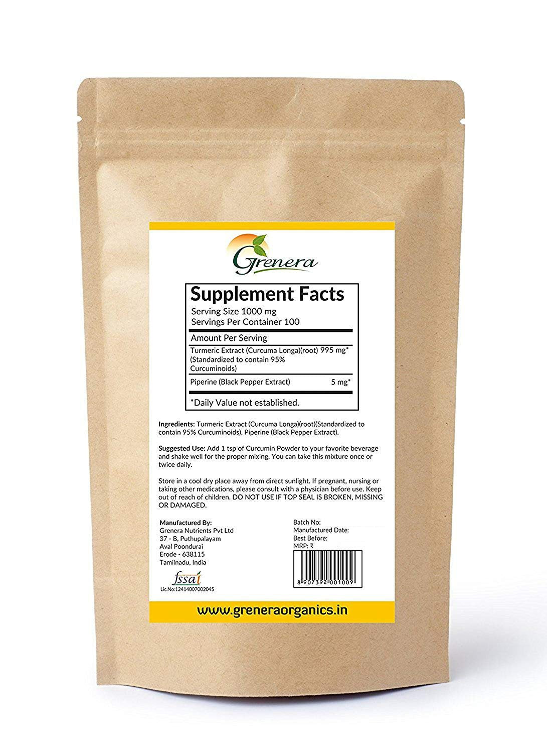 Curcumin with Piperine Extract Powder - Grenera - 100gm