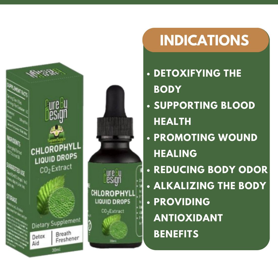 Chlorophyll Liquid Drops | Co2 Extract - Breathe Freshener - Refresh Your Body & Cleanse Naturally - Cure By Design - 30ml