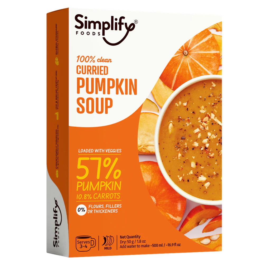 Soup | Curried Pumpkin Soup (Loaded With Veggies 57% Pumpkin & 10.8% Carrot) – 100% Clean – No Flours, Fillers, Thickeners, No Preservatives, Colours & No Additives – Simplify Foods – 50gm