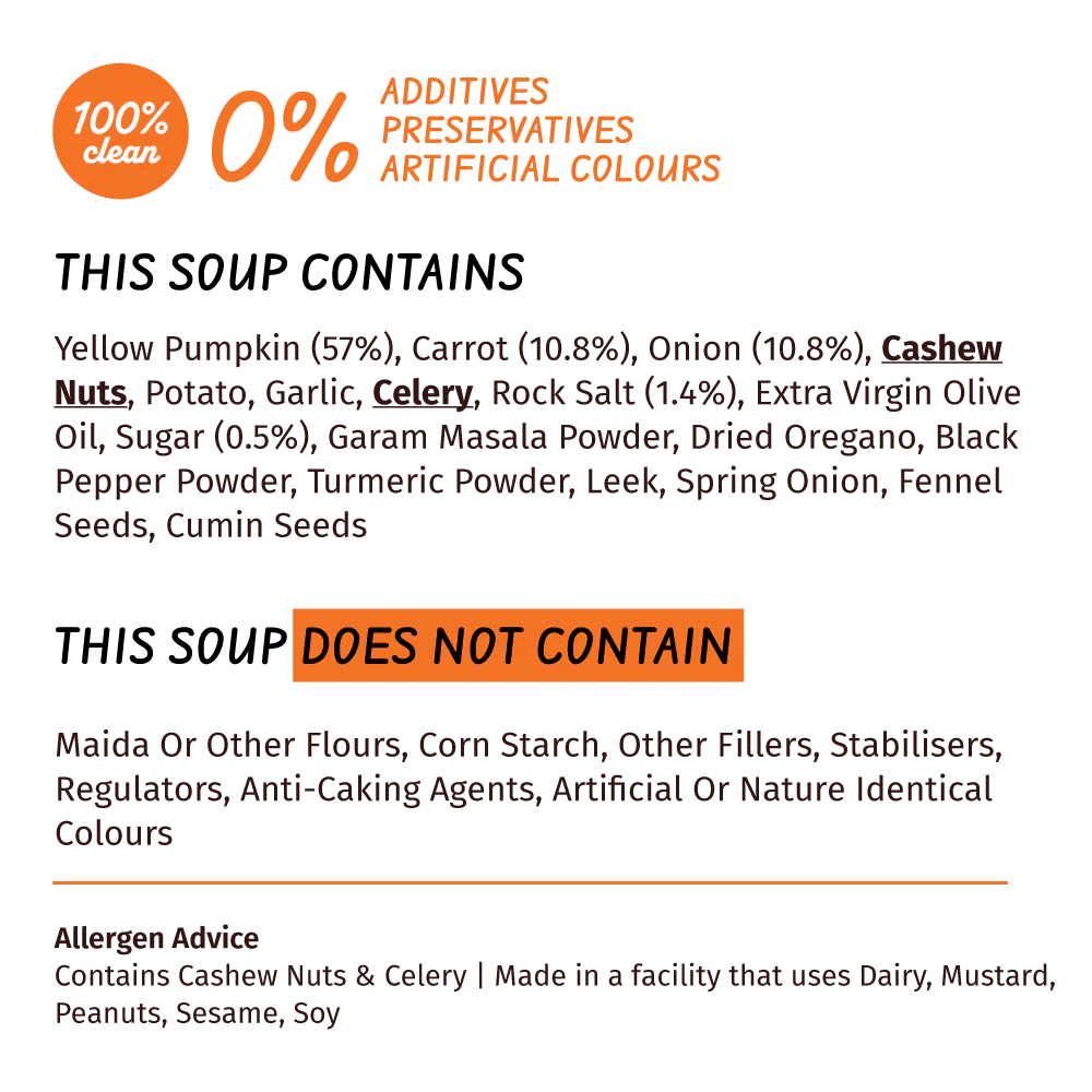 Soup | Curried Pumpkin Soup (Loaded With Veggies 57% Pumpkin & 10.8% Carrot) – 100% Clean – No Flours, Fillers, Thickeners, No Preservatives, Colours & No Additives – Simplify Foods – 50gm