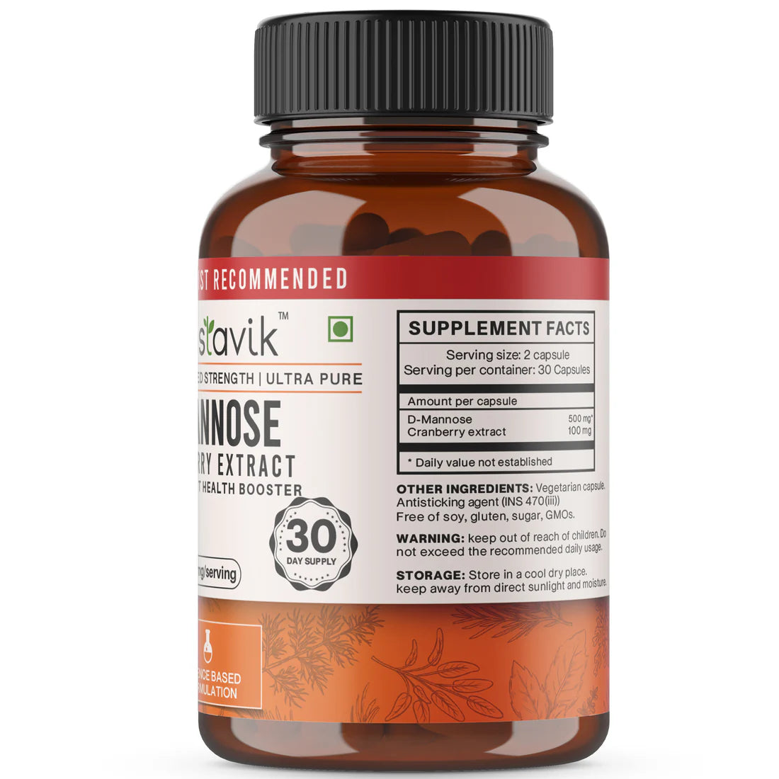 D-Mannose | Healthy Urinary Tract - Gluten Free, Dairy Free, GMO Free & Heavy Metal Free – Vaastavik – (500 mg) – 60 Capsules