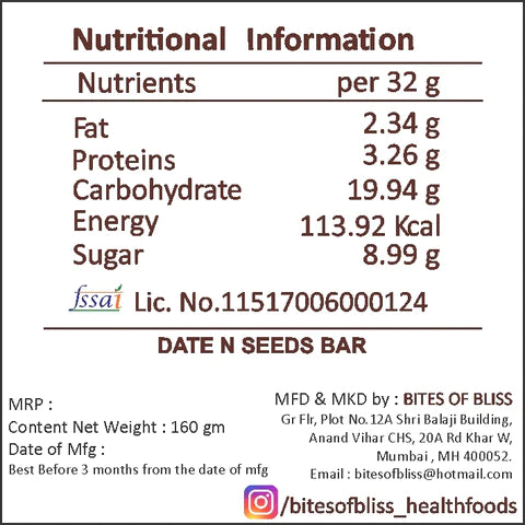 Bar | Date N Seed Bar - Vegan, Gluten Free, No Added Sugar & No Added Preservatives - Bites Of Bliss - (Pack Of 5) - 160gm