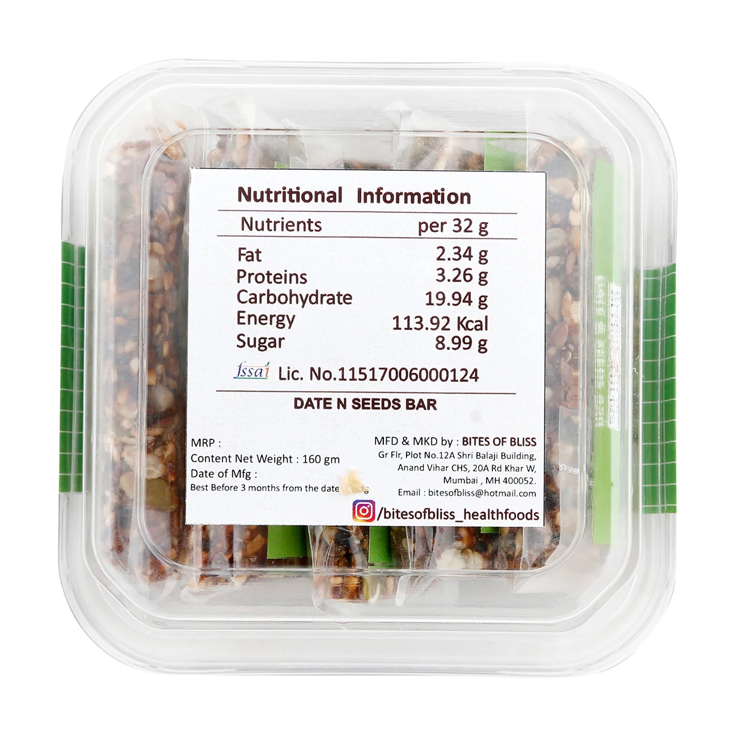 Bar | Date N Seed Bar - Vegan, Gluten Free, No Added Sugar & No Added Preservatives - Bites Of Bliss - (Pack Of 5) - 160gm