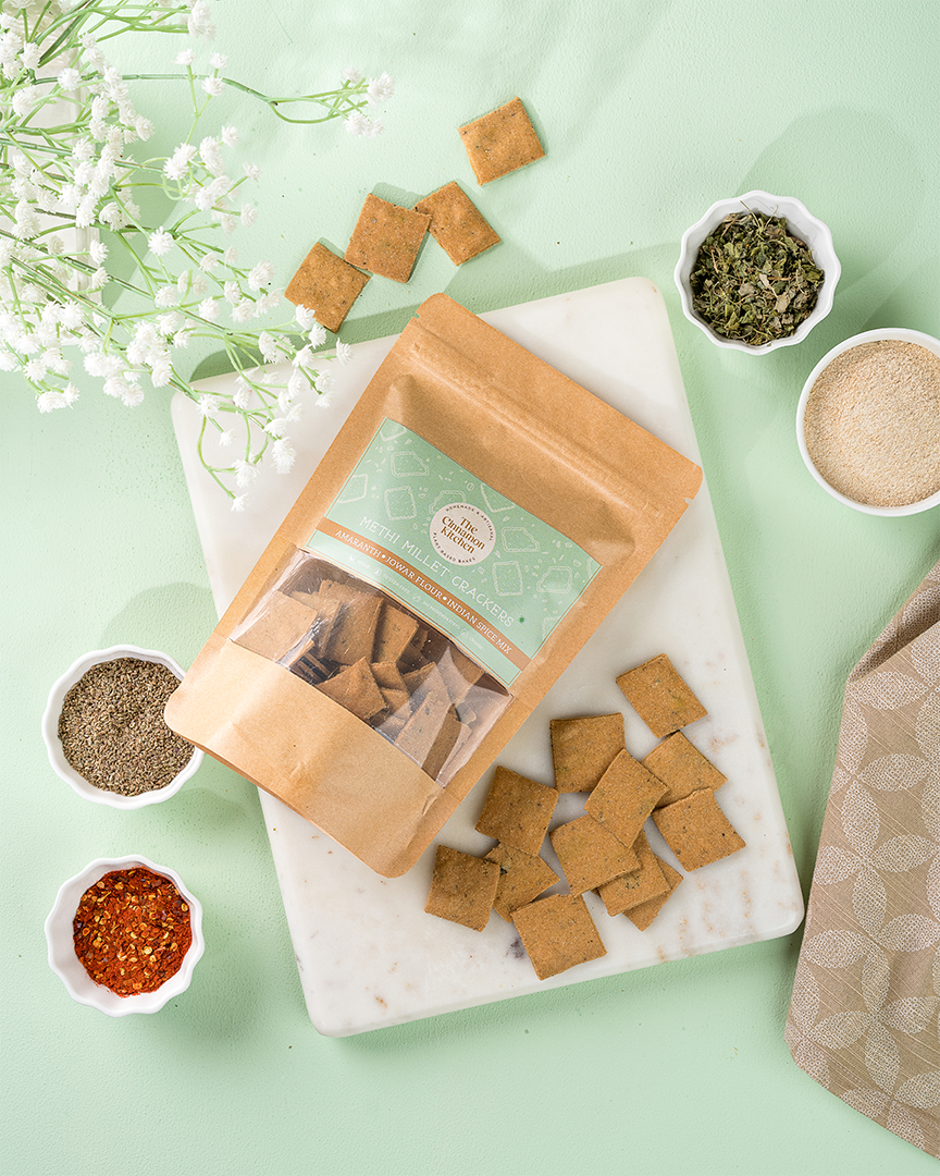 Methi Millet Crackers - Organic - Indian - Vegan, Gluten Free, Higher In Calcium, No Preservative, Refined Sugar Free & Pcos Friendly - The Cinnamon Kitchen - 100gm