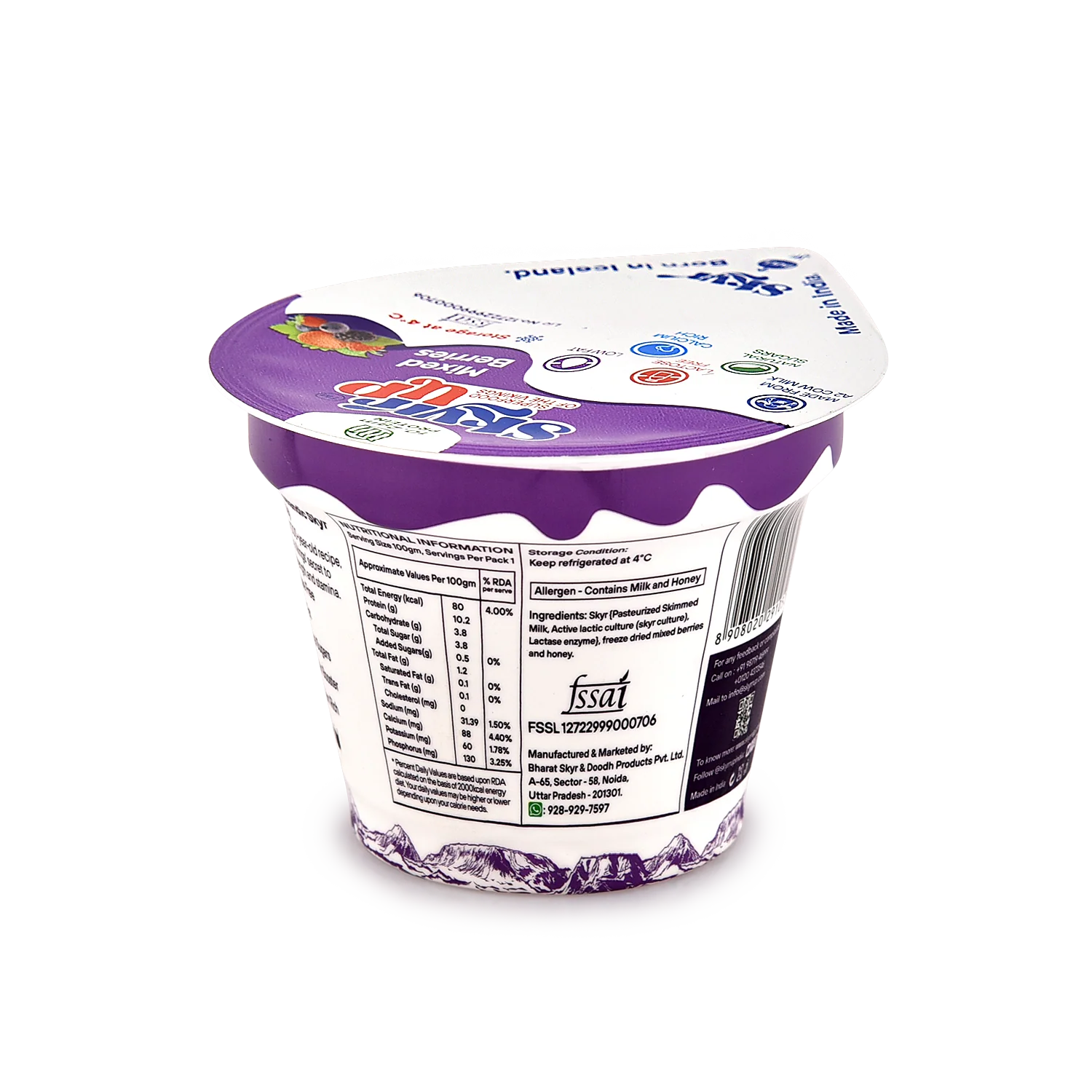 Yogurt | Mixed Berries (Made From A2 Milk) – Natural Sugar, 10.2gm Protein, Zero Preservatives, Fat Free & Lactose Free – Skyrrup – 100gm