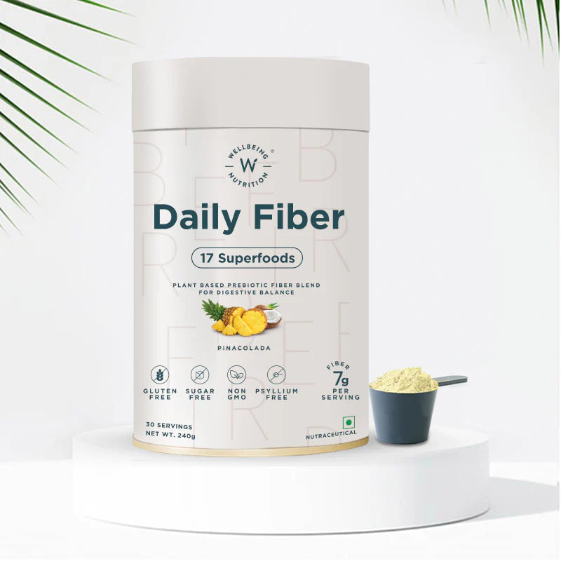 Daily Fiber | 17 Superfoods - Plant Based Prebiotic Fiber Blend For Digestive Balance - Pina Colada Flavor - Vegan, Gluten Free, No Gmo, No Preservatives, Sugar Free & Helps Improve Digestion - Wellbeing Nutrition - (30 Serving) - 240gm