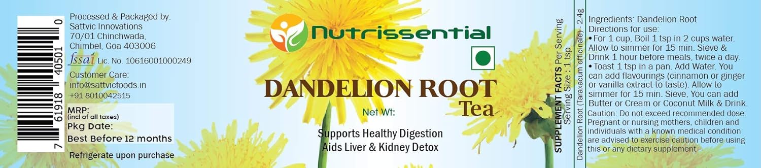 Tea | Dandelion Root Tea – Supports Healthy Digestion Aids Liver & Kidney Detox – Nutrissential – 40gm