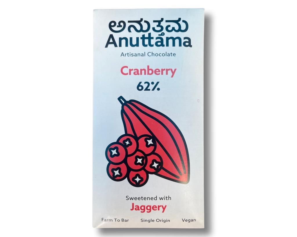 Dark Chocolate | Cranberry (Sweetened With Jaggery) – 62% Cocoa – Artisanal – Farm To Bar – Single Origin – Vegan, Gluten Free, No Artificial Flavors, Oils, Preservatives & Additives – Anuttama Artisanal Chocolate – 50gm