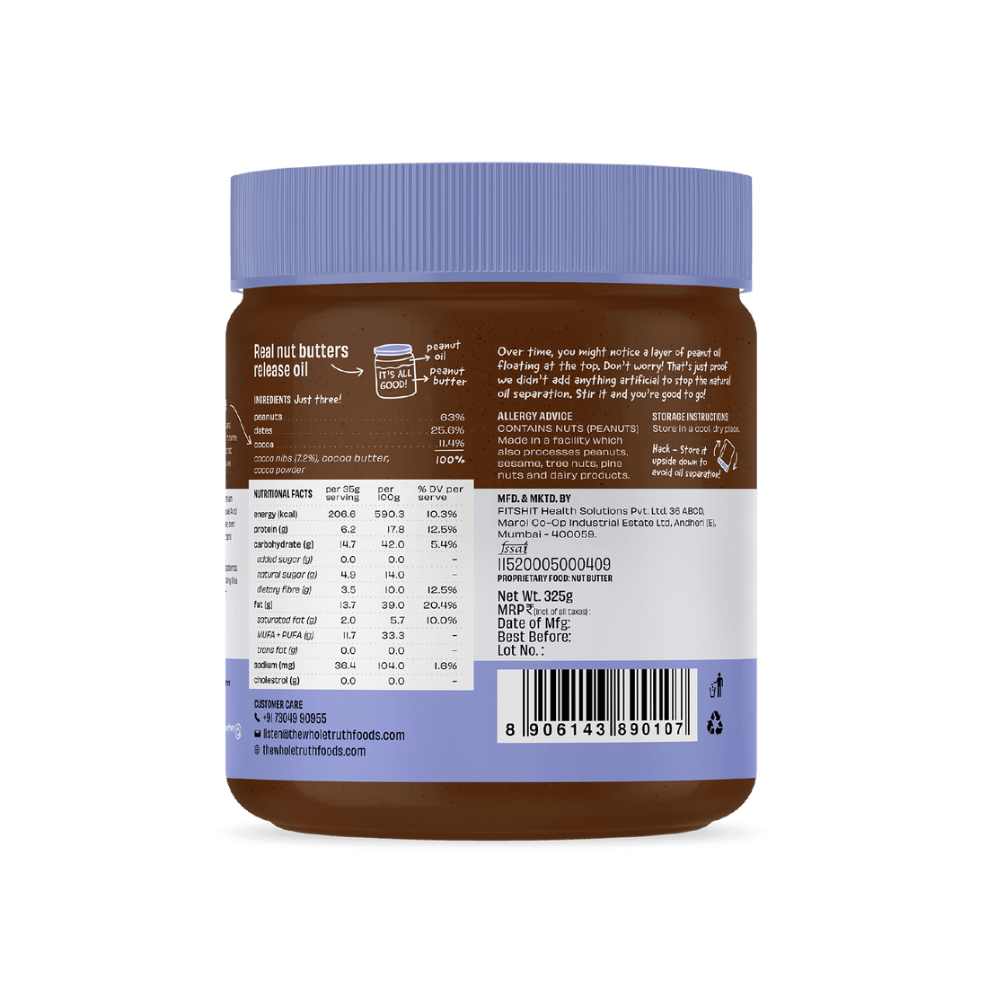 Peanut Butter | Dark Chocolate - Creamy - No Added Sugar - The Whole Truth - 325gm
