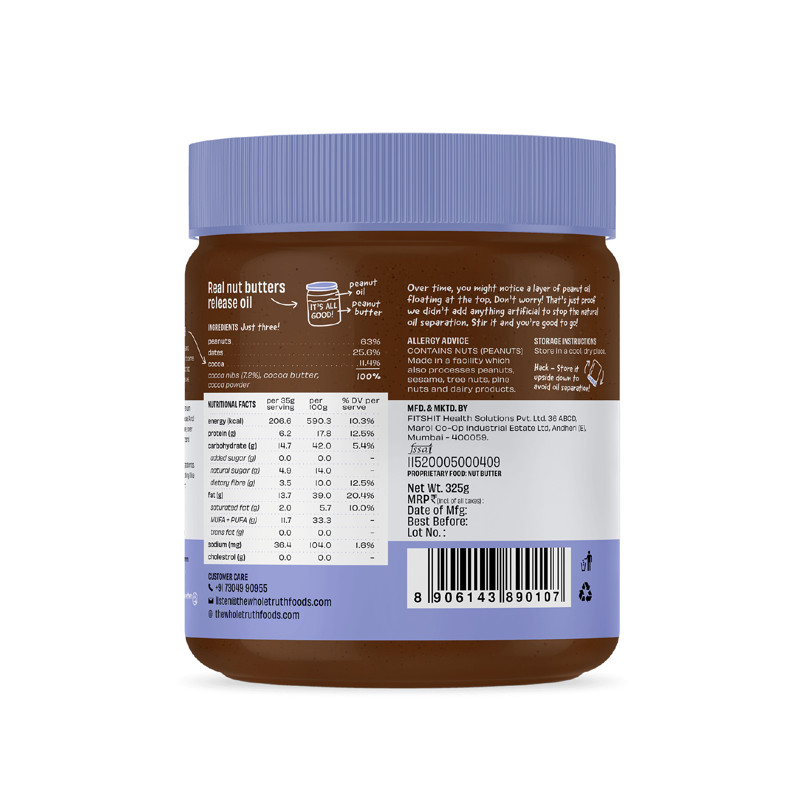 Peanut Butter | Dark Chocolate - Creamy - No Added Sugar - The Whole Truth - 325gm