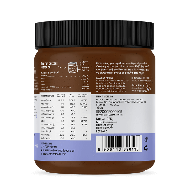 Peanut Butter | Dark Chocolate - Crunchy - No Added Sugar - The Whole Truth - 325gm
