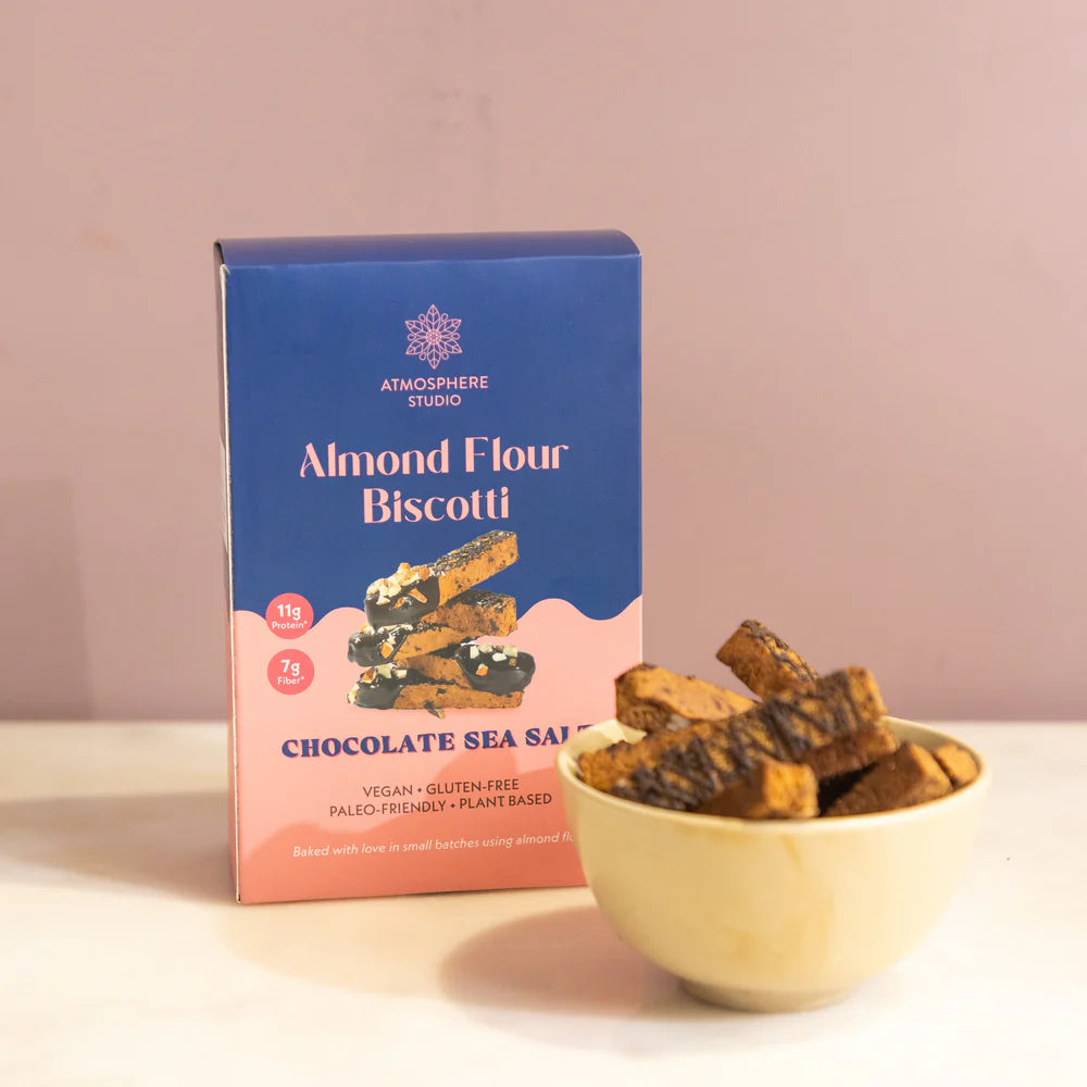Biscotti | Almond Flour Biscotti (Chocolate Sea Salt) - 11g Protein - Baked With Using Almond Flour - Plant Based - Vegan, Gluten Free, Diabetic Friendly & Paleo Friendly - Atmosphere - 120gm