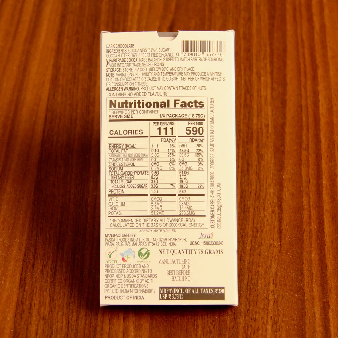 Dark Chocolate | 81% Dark Chocolate - USDA Organic - Vegan & Gluten Free - Pascati - 75gm