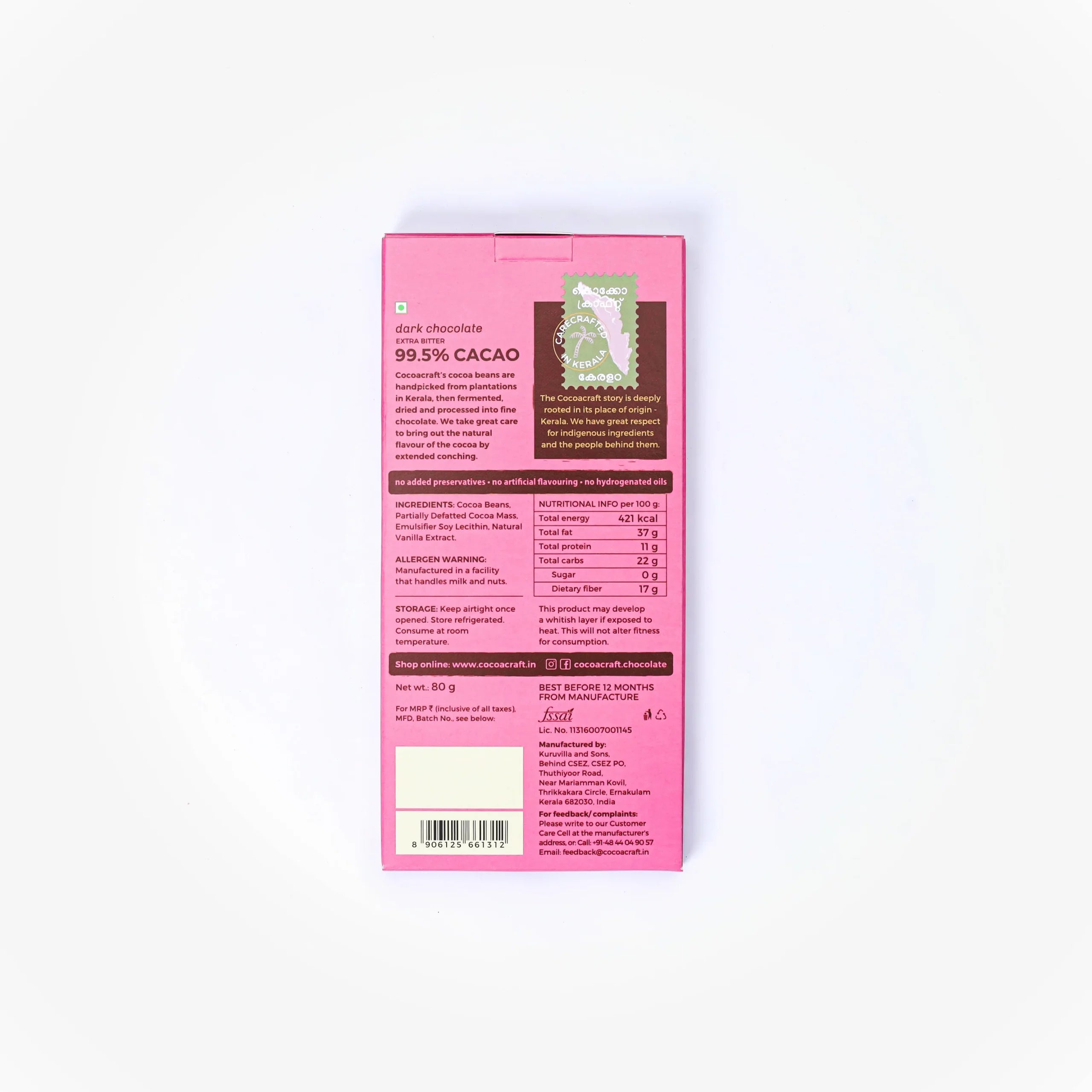 Dark Chocolate | 99.5% Cacao - Extra Bitter - Preservatives Free, No Artificial Flavour & No hydrogenated Oils - Cocoacraft - 80gm