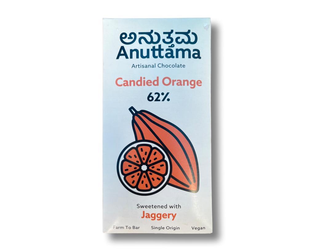Dark Chocolate | Candied Orange (Sweetened With Jaggery) - 62% Cacao - Artisanal – Farm To Bar – Single Origin – Vegan, No Artificial Flavors, Oils, Preservatives & Additives – Anuttama Artisanal Chocolate – 50gm