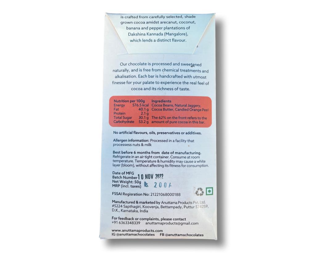 Dark Chocolate | Candied Orange (Sweetened With Jaggery) - 62% Cacao - Artisanal – Farm To Bar – Single Origin – Vegan, No Artificial Flavors, Oils, Preservatives & Additives – Anuttama Artisanal Chocolate – 50gm