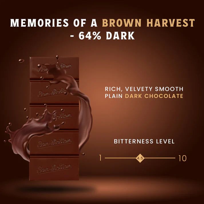 Dark Chocolate | Memories Of A Brown Harvest - 64% Dark Chocolate - Tree To Bar – Single Origin – 100% Natural – Vegan, Gluten Free, Palm Oil Free, Non GMO, No Artificial Flavour & No Added Preservatives - Vegan – Bon-Fiction – 55gm