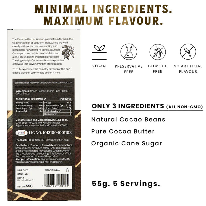 Dark Chocolate | Memories Of A Brown Harvest - 64% Dark Chocolate - Tree To Bar – Single Origin – 100% Natural – Vegan, Gluten Free, Palm Oil Free, Non GMO, No Artificial Flavour & No Added Preservatives - Vegan – Bon-Fiction – 55gm