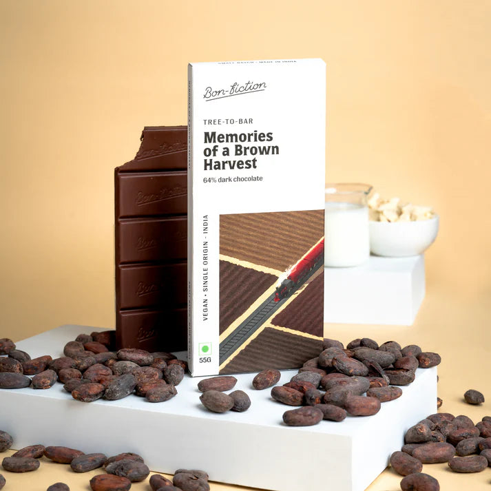 Dark Chocolate | Memories Of A Brown Harvest - 64% Dark Chocolate - Tree To Bar – Single Origin – 100% Natural – Vegan, Gluten Free, Palm Oil Free, Non GMO, No Artificial Flavour & No Added Preservatives - Vegan – Bon-Fiction – 55gm