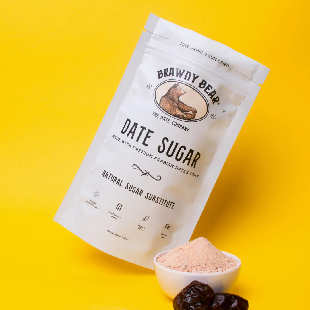 Date Sugar | (Made With Premium Arabian Dates) - Use It For Baking, Cooking, Sprinkling, On Cereals And Yoghurt & Adding To Drinks - Natural - Gluten Free, Full Of Antioxidant, High In Fiber & Rich In Iron - Brawny Bear - 200gm