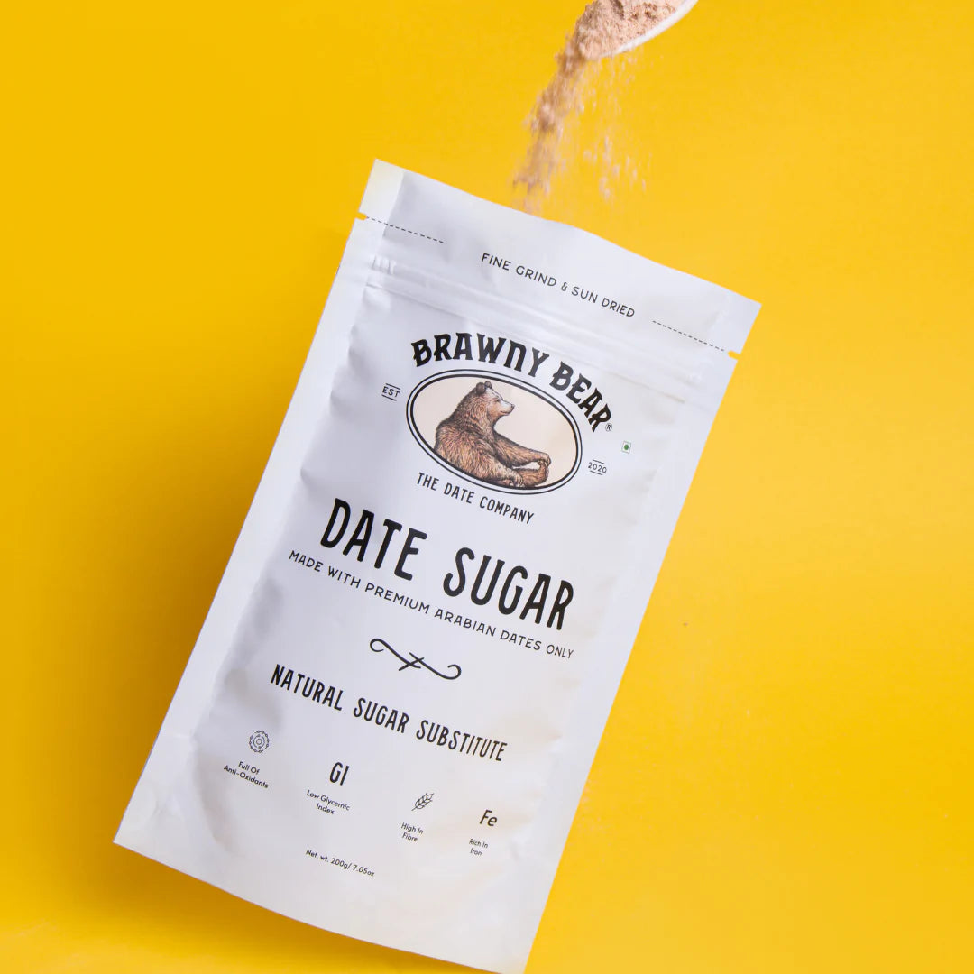 Date Sugar | (Made With Premium Arabian Dates) - Use It For Baking, Cooking, Sprinkling, On Cereals And Yoghurt & Adding To Drinks - Natural - Gluten Free, Full Of Antioxidant, High In Fiber & Rich In Iron - Brawny Bear - 200gm