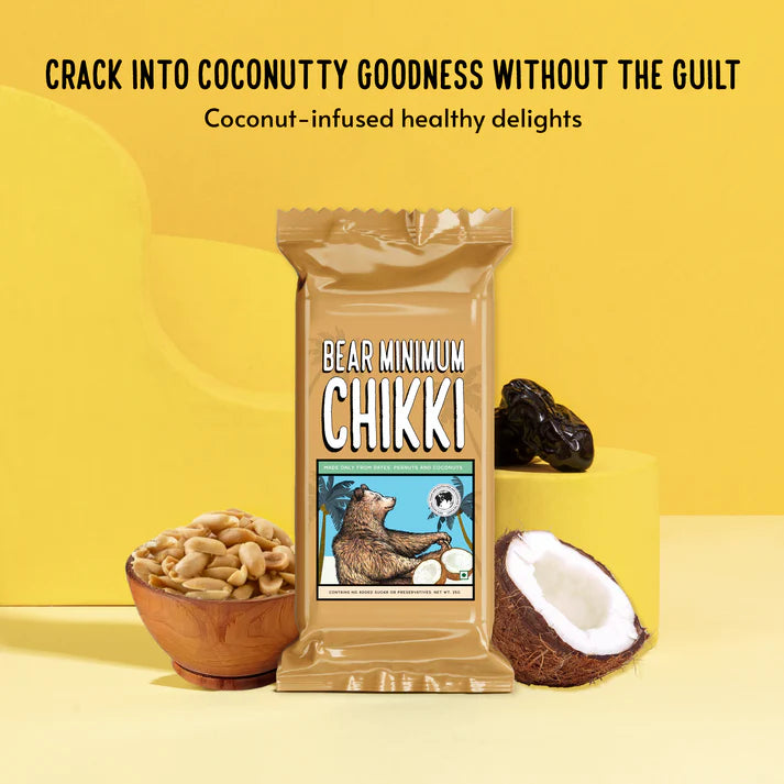 Chikki | Date Sweetened Soft Chikki (Made Only From Dates, Peanuts And Coconuts) – No Additives, No Added Preservatives & Sugar Free – Brawny Bear – 25gm