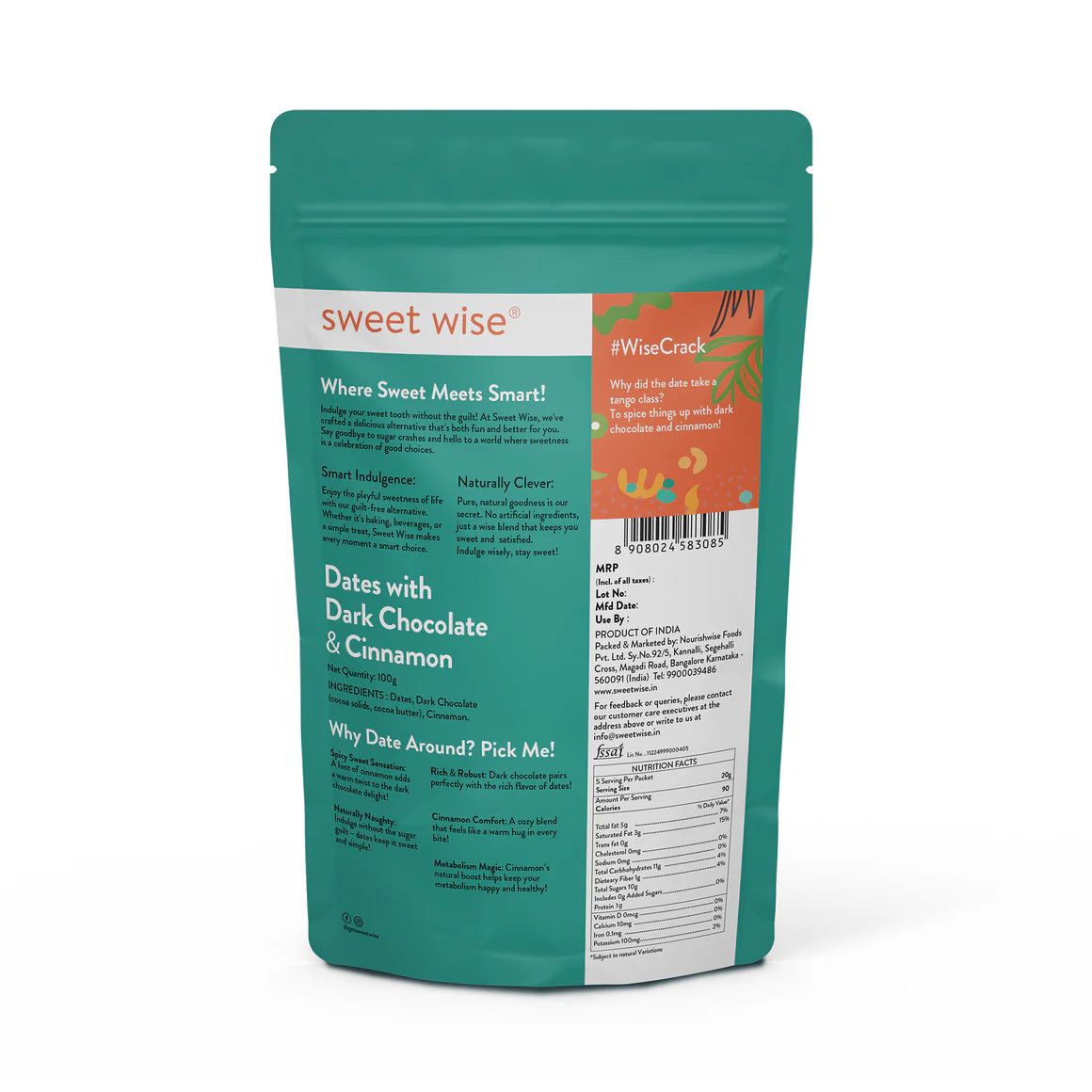 Dark Chocolate | Dates With Dark Chocolate & Cinnamon - No Added Sugar - Sweet Wise - 100gm