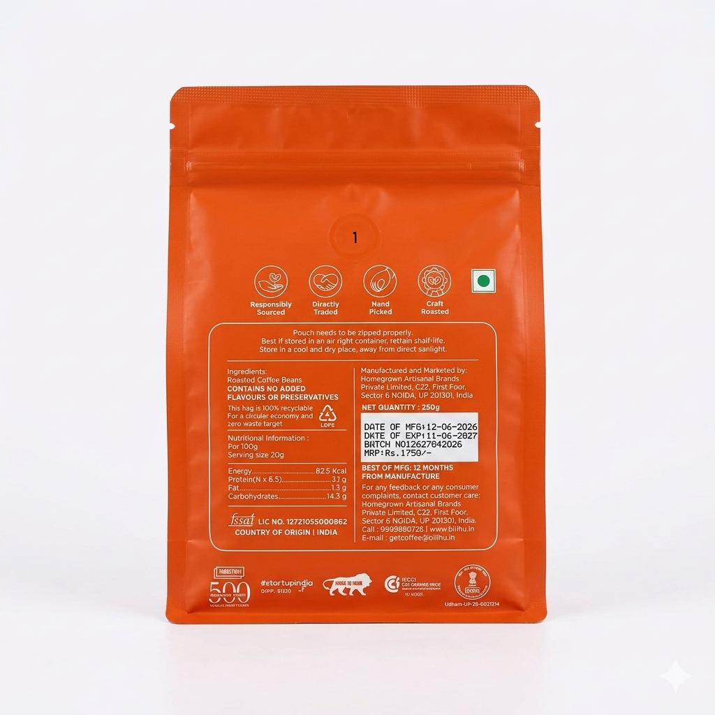 Coffee | Decaffeinated Arabica (Espresso) - Omni Roast (Dichloromethane Process)-No Added Flavour or Preservatives - Bili Hu - 250gm