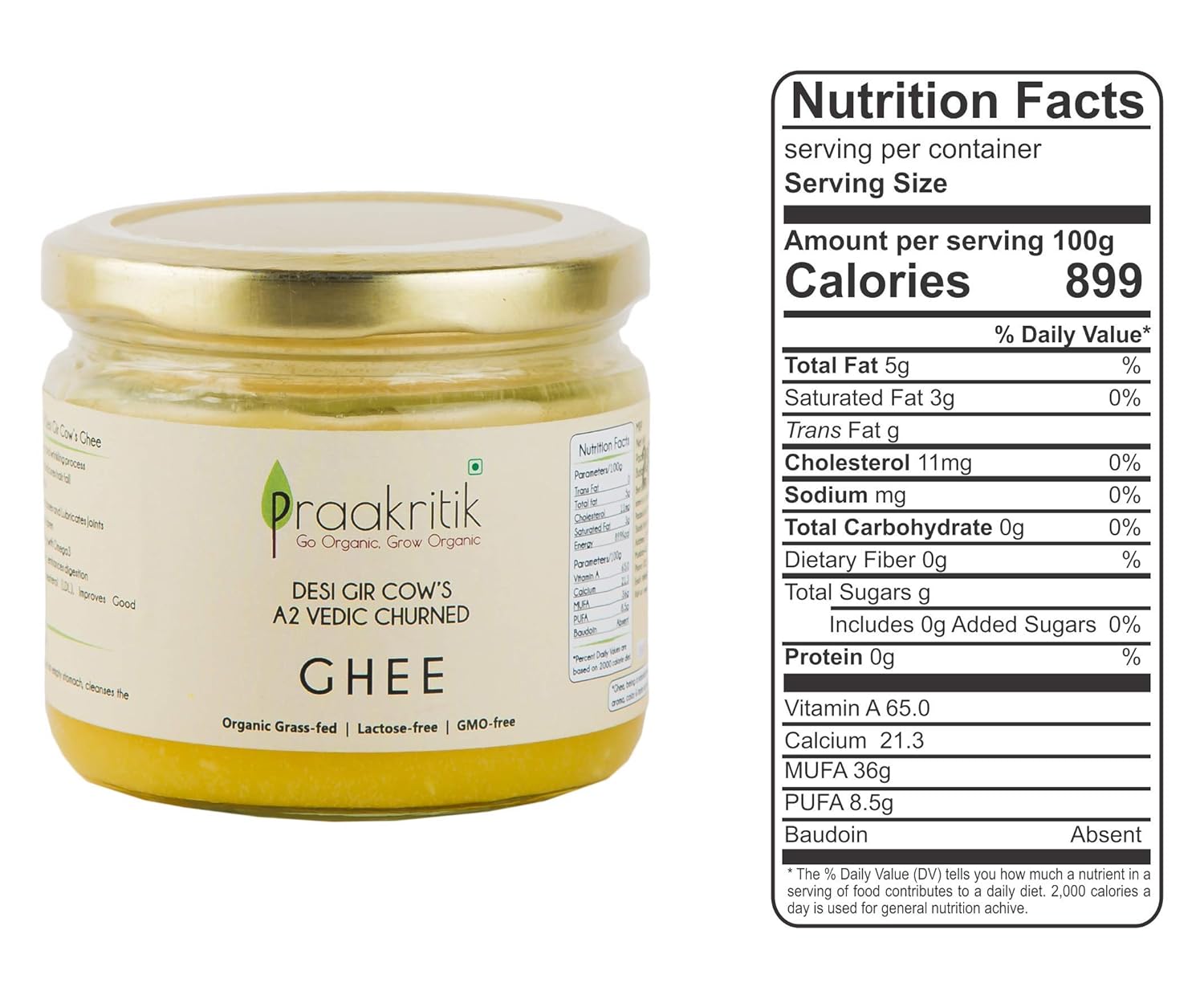 Ghee | Organic Grass Fed Desi Gir Cow A2 Ghee - Lactose Free – Praakritik – 250ml
