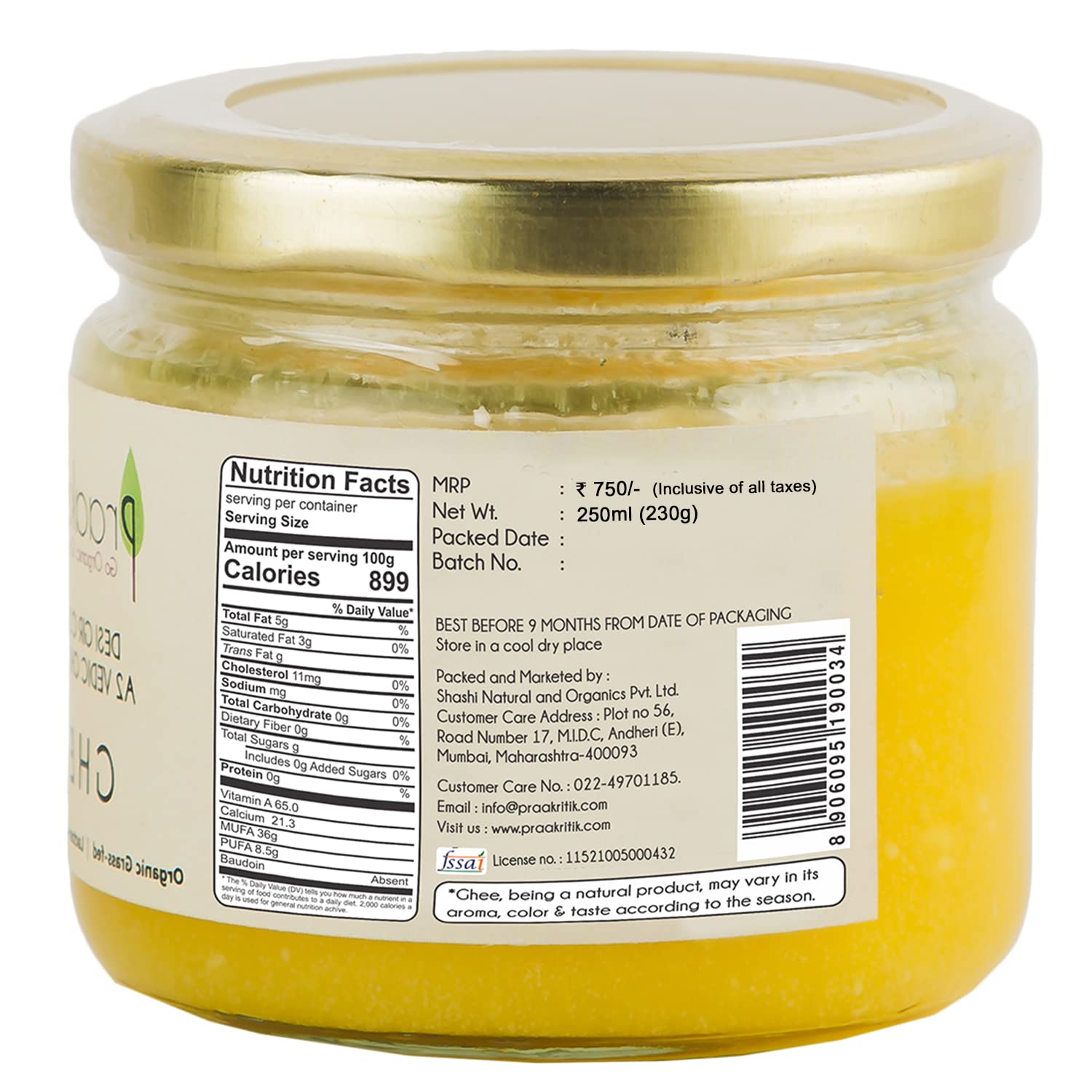 Ghee | Organic Grass Fed Desi Gir Cow A2 Ghee - Lactose Free – Praakritik – 250ml