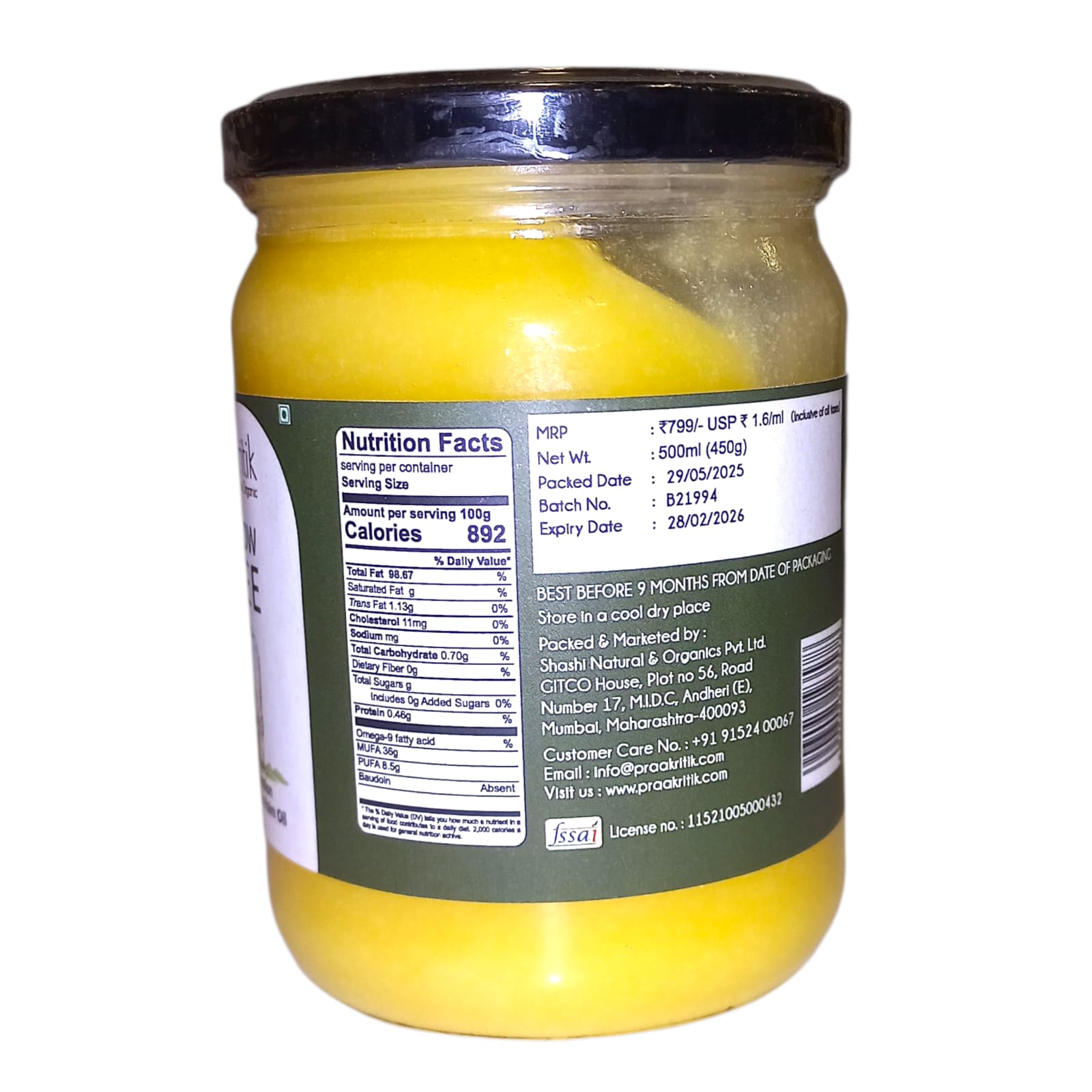 Ghee | Desi Cow Ghee - No Vegetables Oil, Palm Oil, No Fragrances & No Additives - Praakritik - 500ml