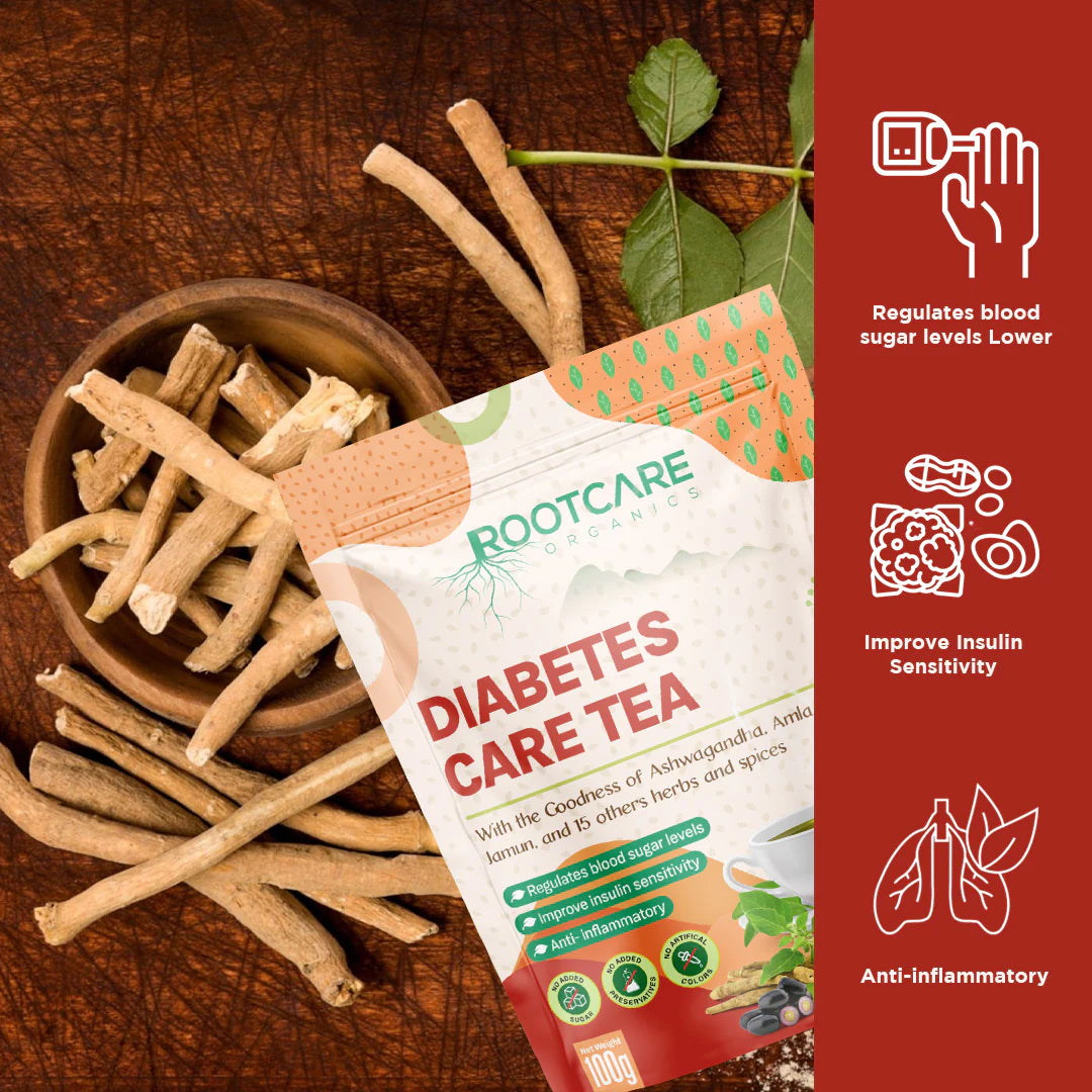 Tea | Diabetes Care (With The Goodness Of Ashwagandha, Amla, Jamun, And 15 Others Herbs & Spices) - Organic - No Added Sugar & No Added Preservatives - Root Care - 100gm