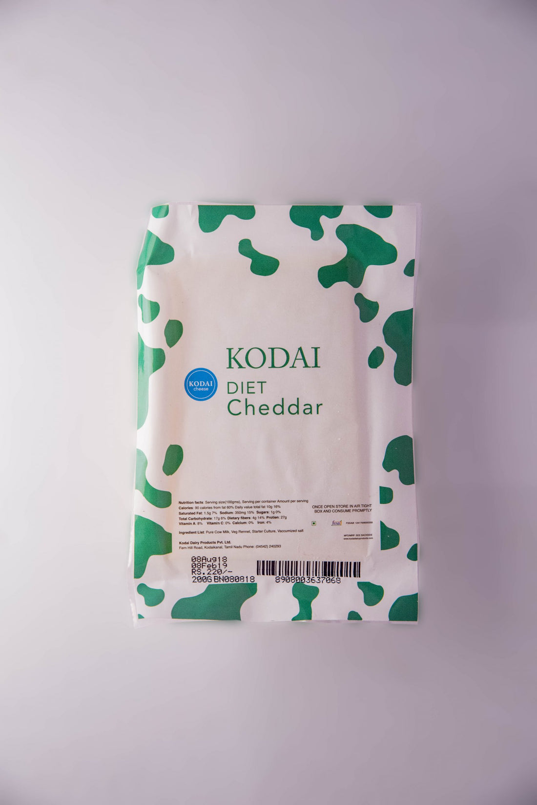 Diet Cheddar Cheese - Pasteurized - Kodai - 200gm