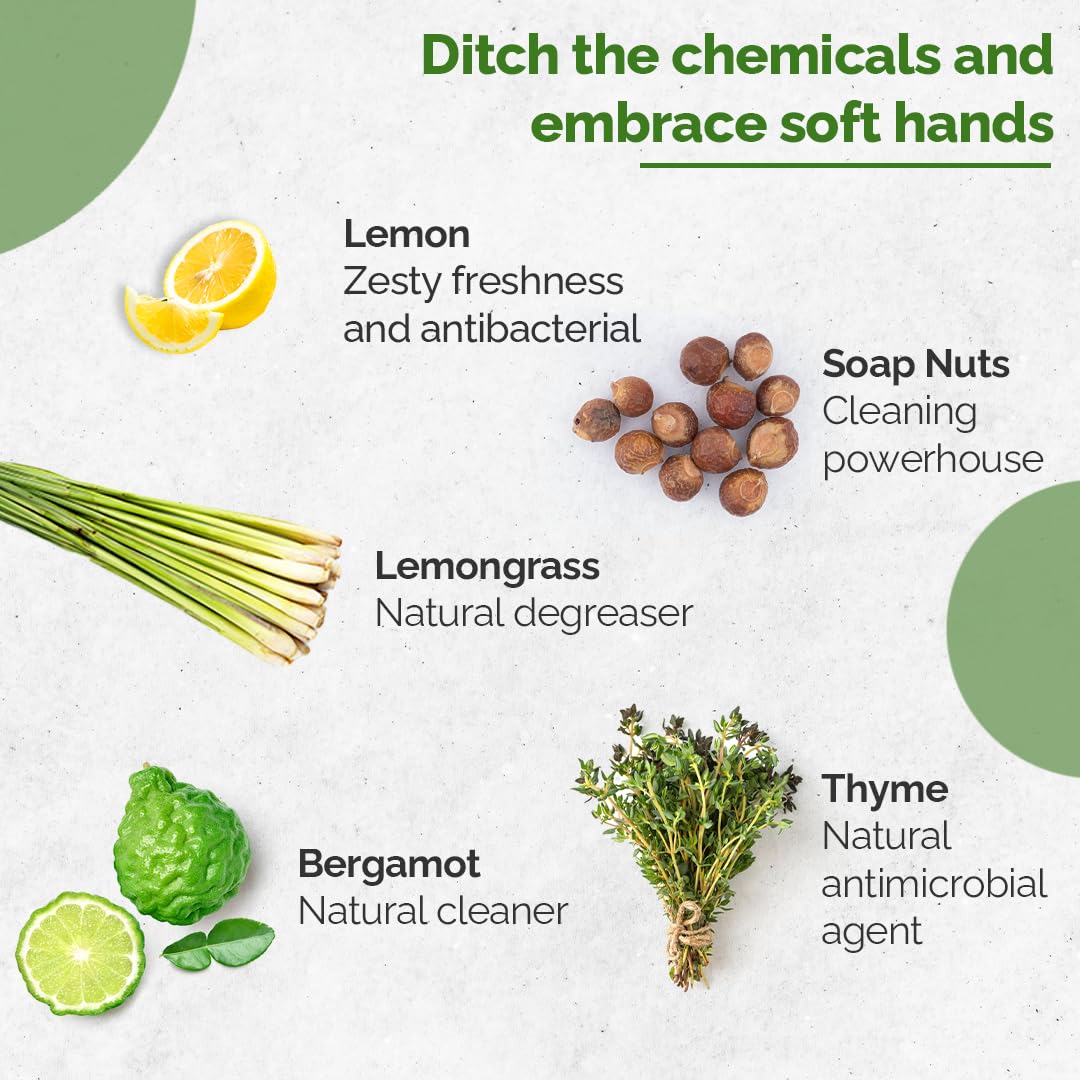 Dish Wash Liquid | (Made From Soapnuts, Lemon, Lemongrass, Thyme & Bergamot) - Natural - Environment Friendly, No Artificial Additives, No Fragrances, Enzymes & No bleaches - Sacred Earth - 500ml