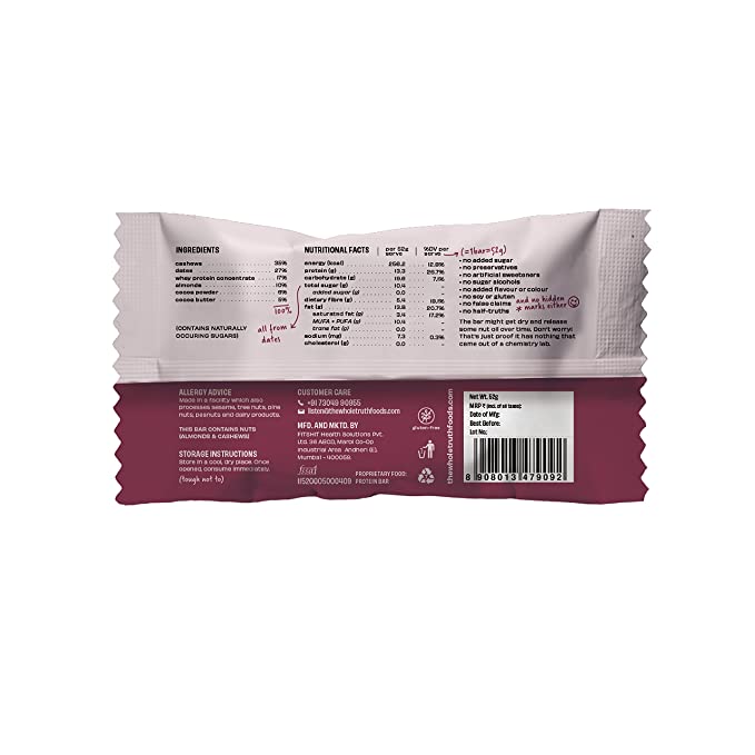 Protein Bar | Double Cocoa (Made With Cocoa, Dates, Cashew, Almond) - 12 g Protein - No Refined Sugar - The Whole Truth – 52gm