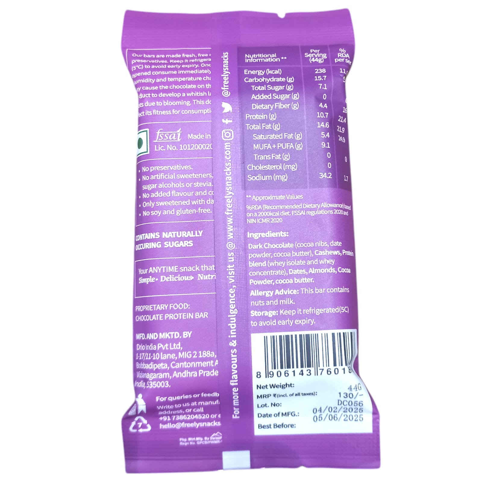 Chocolate Bar | Double Chocolate Duet (Protein Bar) – 10g Protein – Real Chocolate – No Added Artificial Preservatives & No Added Sugar – Freely – 44gm