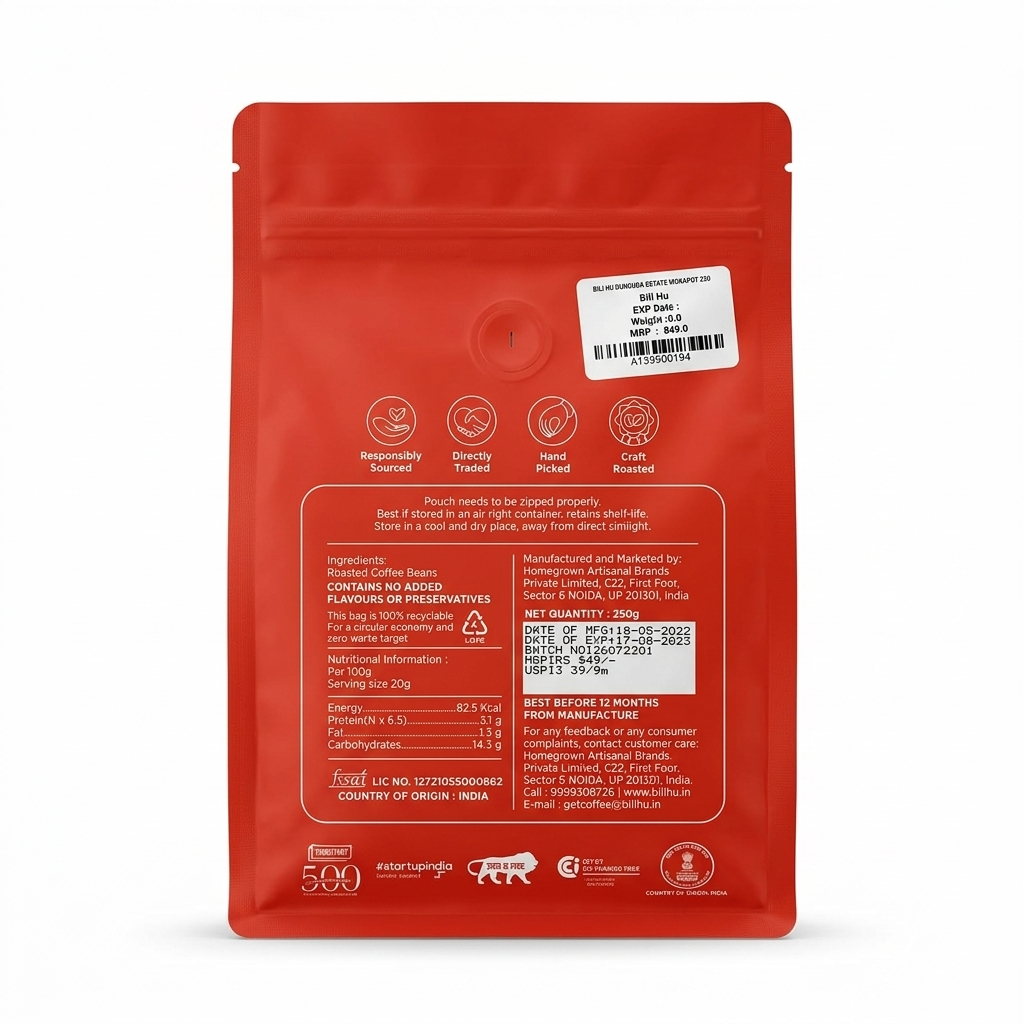 Coffee | Dunduga Estate (Mokapot) - Medium Roast ,Washed Arabica -No Added Flavour or Preservatives - Bili Hu - 250gm