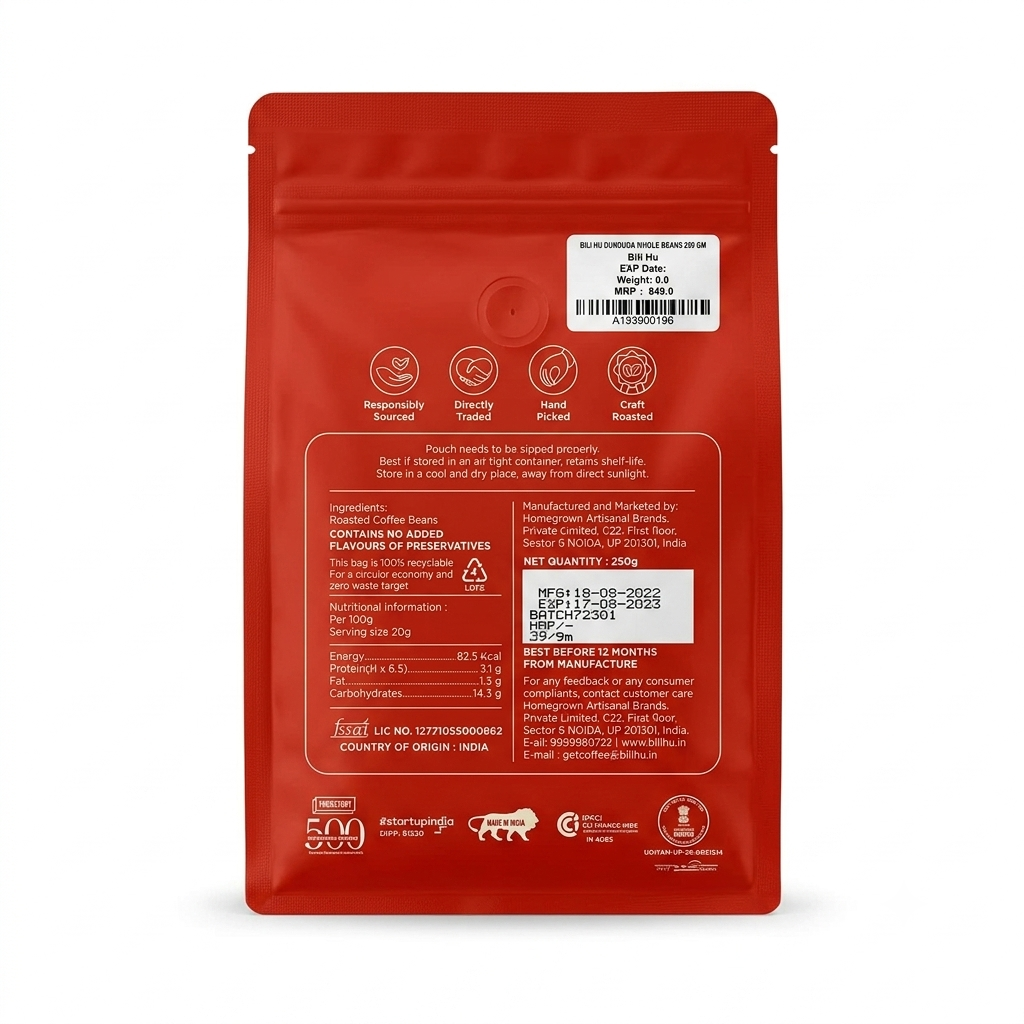 Coffee | Dunduga Estate (Roasted Beans) - Medium Roast ,Washed Arabica -No Added Flavour or Preservatives - Bili Hu - 250gm