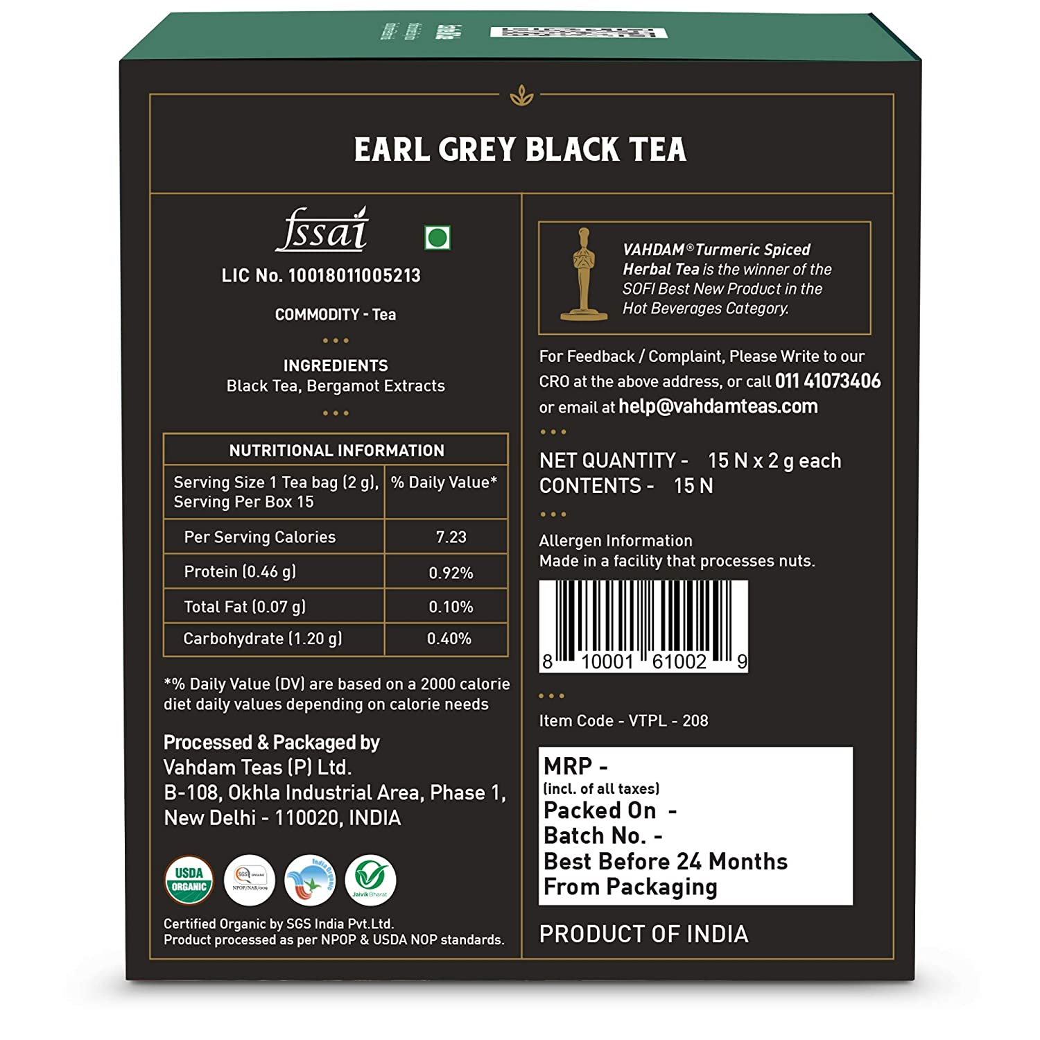 Earl Grey Black Tea – Vahdam – 15Tea Bags