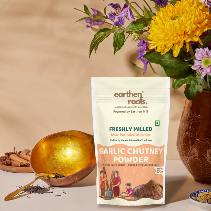 Chutney Powder | Garlic Chutney Powder (Made With Premium Garlic, Sun Dried Chillies & Spices) - Iron Pounded Masala - Freshly Milled - No Preservatives & No Additive - Earthen Roots - 100gm